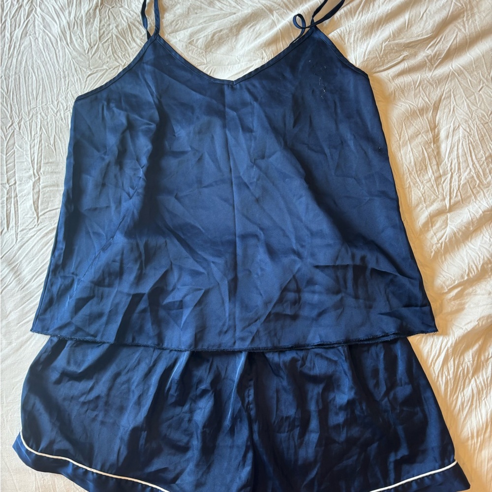 Navy Blue Satin Camisole and Shorts Set